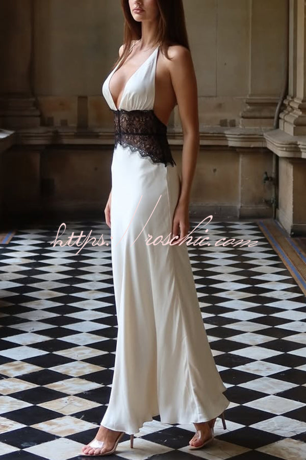 Seductive Details Satin Lace Waist Halter Tie-up Backless Maxi Dress