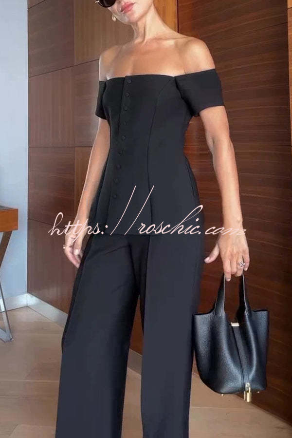 Solid Color Off-the-shoulder Single-breasted Top and Casual Pocket Straight-leg Pants Set
