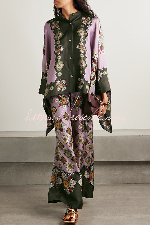 Satin Unique Print Loose Batwing Sleeve Top and Elastic Waist Pocket Casual Wide-leg Pants Set