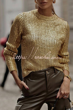 Festival Feels Golden Crew Neck Knitted Bronzing Long Sleeved Sweater