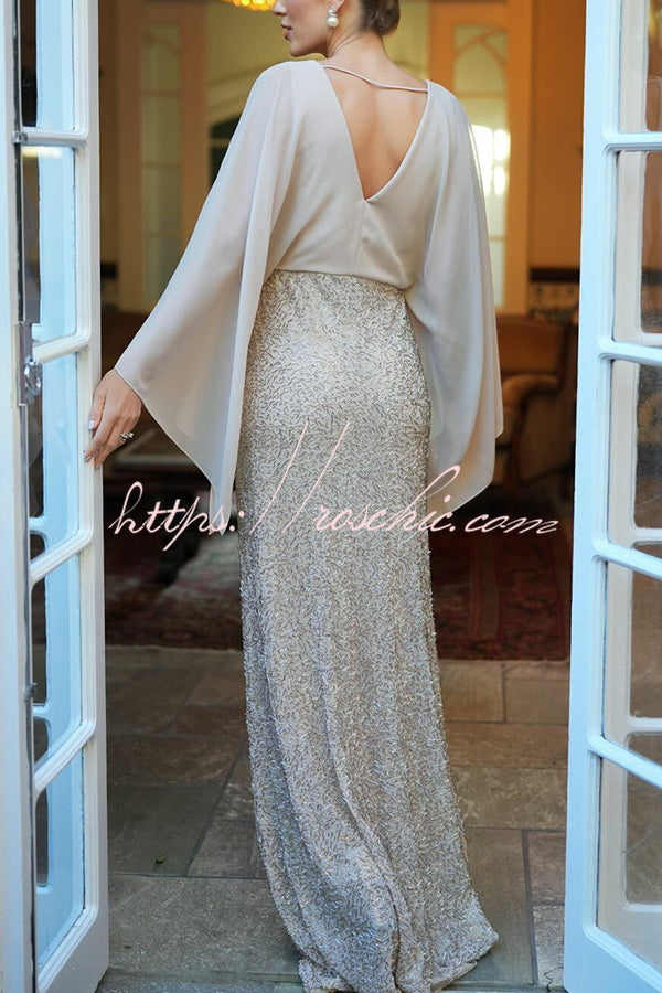 Aleina Chiffon Batwing Sleeve Flower Embroidered Waist Sequin Fabric Maxi Dress