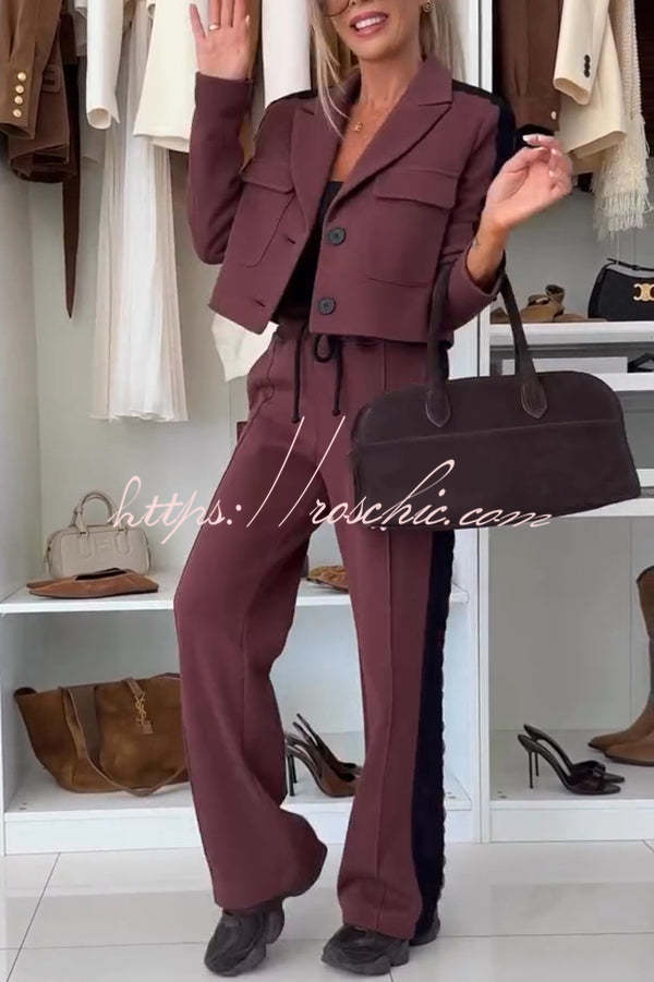 Fashion Lace Panel Long-sleeved Crop Top and Elastic Waist Tie Pocket Casual Pants Set