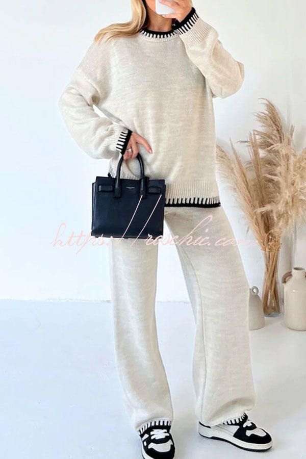 Life Memories Knit Contrast Stitch Trim Pullover Sweater and Stretch Loose Pants Set