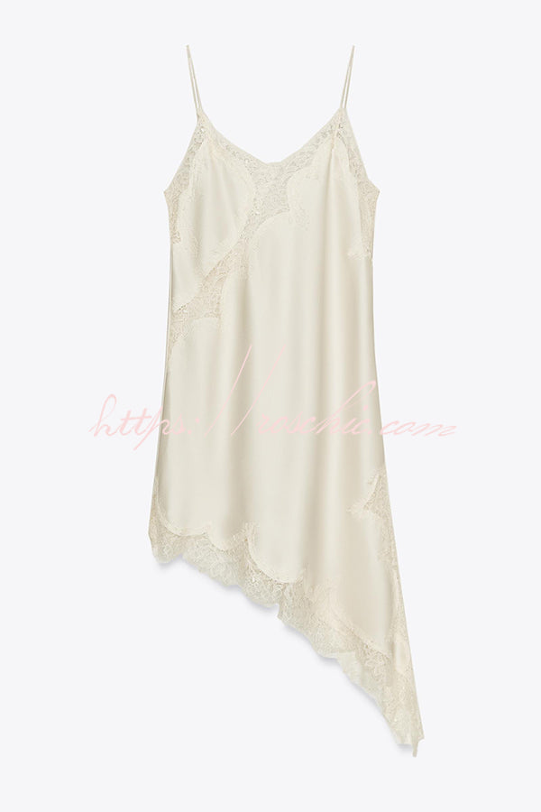 Satin Lace Trim V-neck Asymmetrical Hem Slip Mini Dress