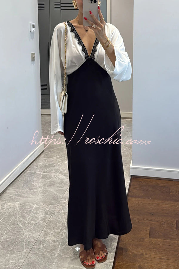 Lainei Contrast Color Satin Lace Trim V-neck Long Sleeve Maxi Dress