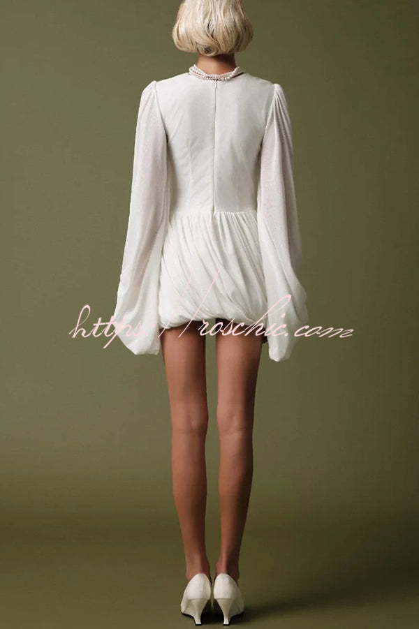 Solid Color Round Neck Lantern Long Sleeve Pleated Casual Mini Dress