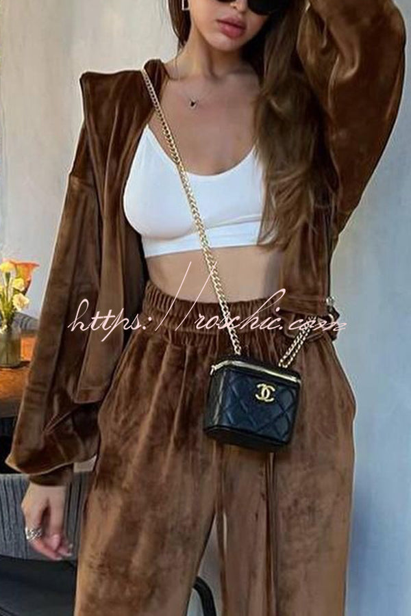 Velvet Casual Zip-up Hooded Top and Elastic Waist Wide Leg Pants Set