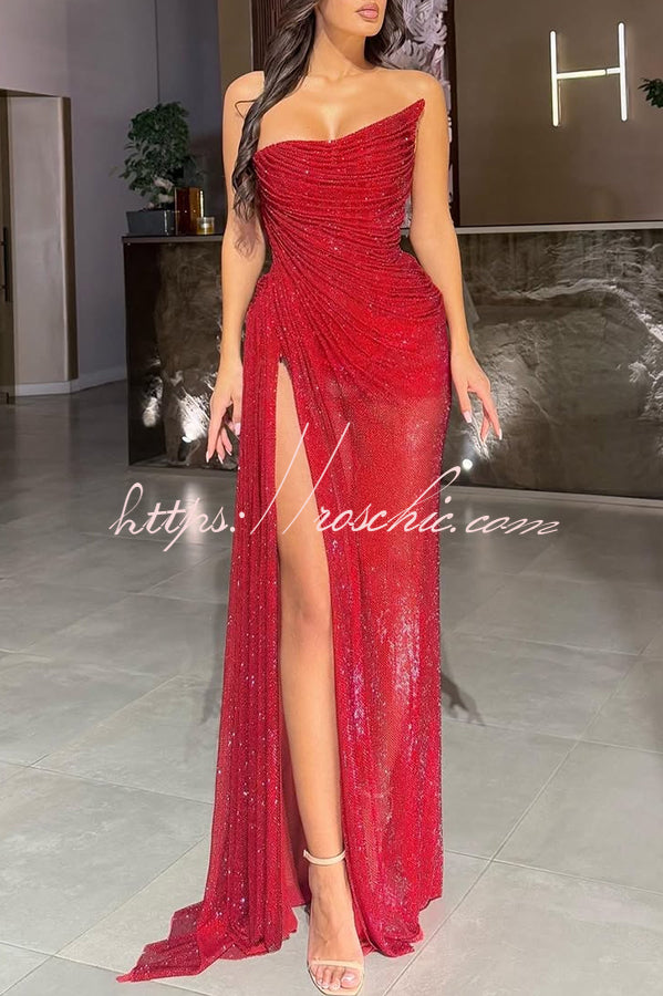 Lysette Sequin Pleated Design Irregular Off-shoulder Slit Drape Gown Maxi Dress
