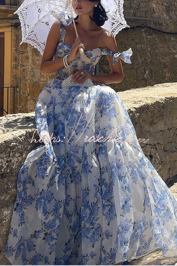 open lace back dress Floral Print Suspender Strappy Back Waist Cinching Organza Maxi Dress –  roschic