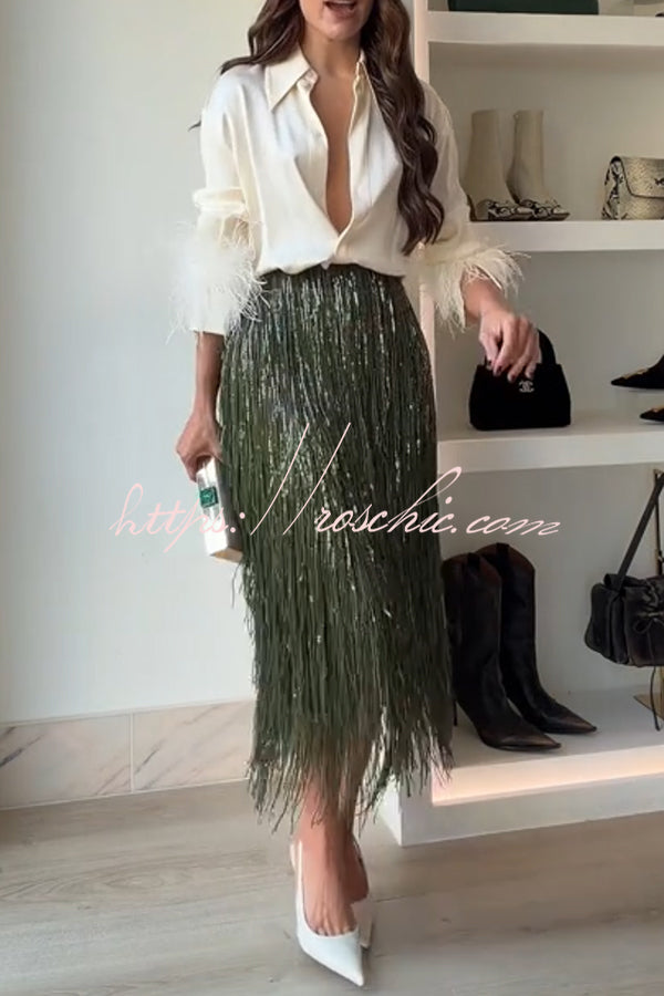 Party Crasher Layered Sequined Tassels High Rise Back Zipper Midi Skirt (Shipped Within 24 Hours)