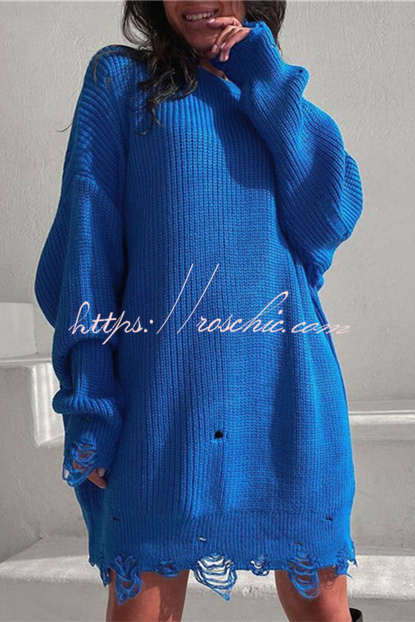 Solid Color Loose Ripped Knitted Mid-length Sweater