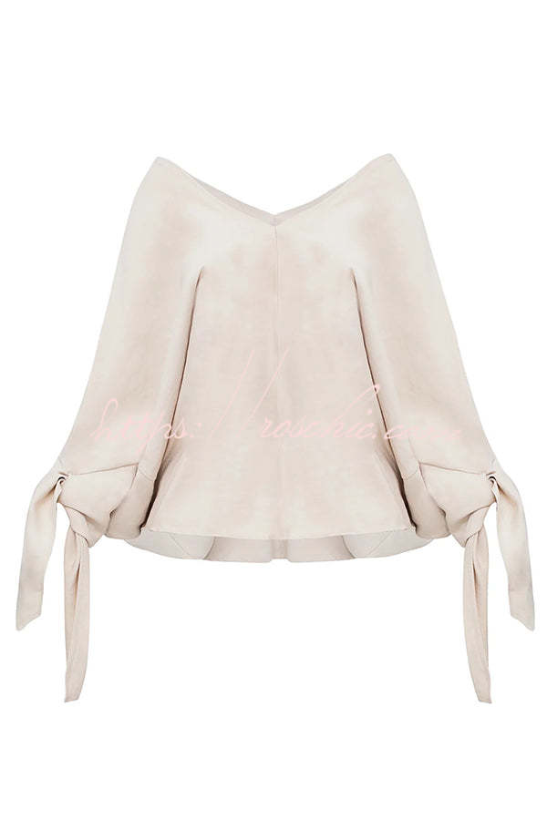 Joyful Bond Linen Blend V-neck Knotted Cuff Half Sleeve Loose Top