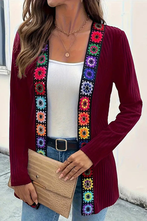 Bohemian Style Floral Edge Long Sleeve Casual Knitted Cardigan