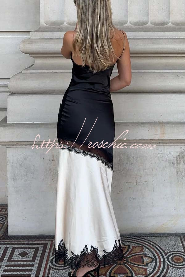 Soft and Romantic Satin Lace Trim Colorblock V-neck Side Slit Maxi Dress