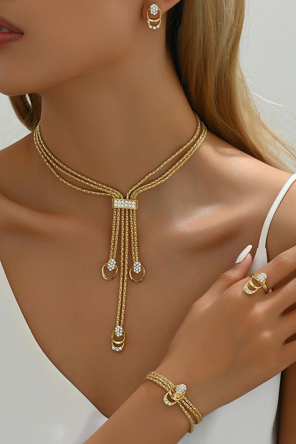 Simple and Fresh Diamond Necklace Earrings and Bracelet Ring Set