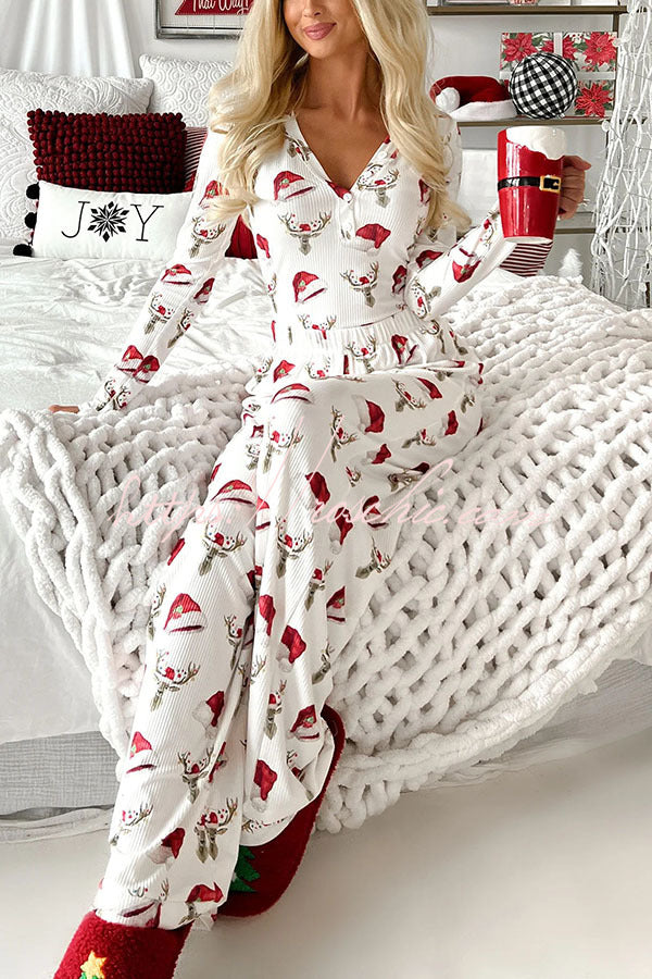 Start The Festival Santa Hat/Reindeer Print Ribbed Elastic Waist Lounge Pajama Set