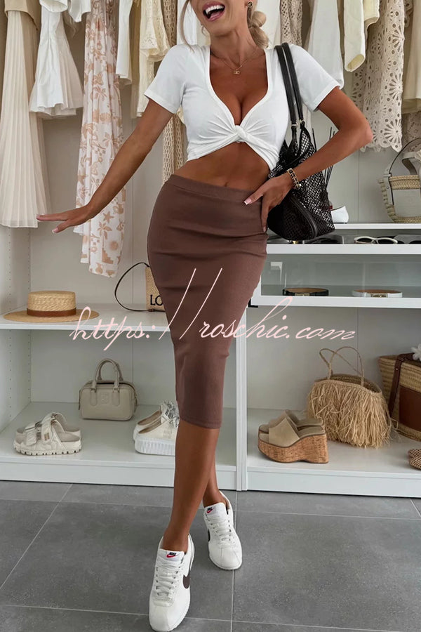 Perfect Basics Ribbed Knit Elastic Waistband Stretch Midi Skirt