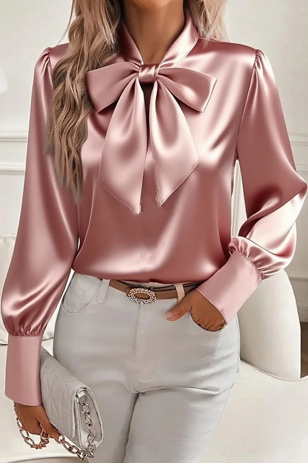 Satin Solid Color Casual Bow Long Sleeve Shirt