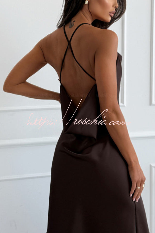 Jensin Satin Lace Trim Cowl Neck Back Cross Lace-up Slit Midi Dress (Shipped Within 24 Hours)