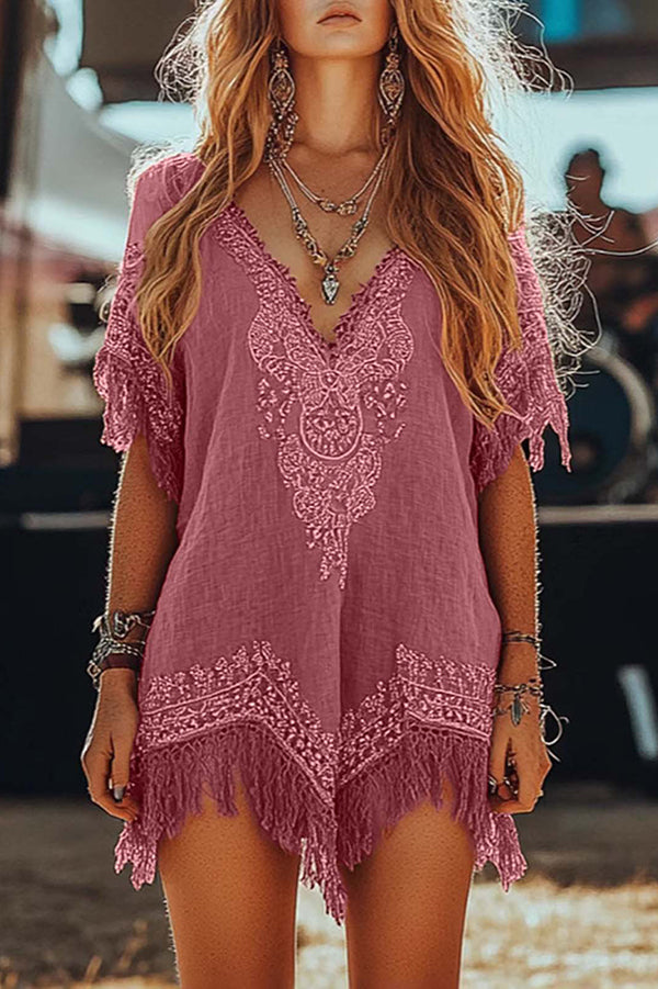 Unique Printed V-Neck Short Sleeve Fringe Loose Mini Dress, Pink / S Unique Printed V-Neck Short Sleeve Fringe Loose Mini Dress, Pink / S