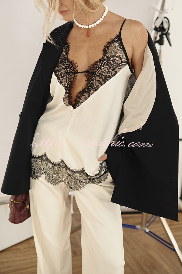 Versatile and Elegant Items Lace Petal Trim Cutout V-neck Slip Loose Tank