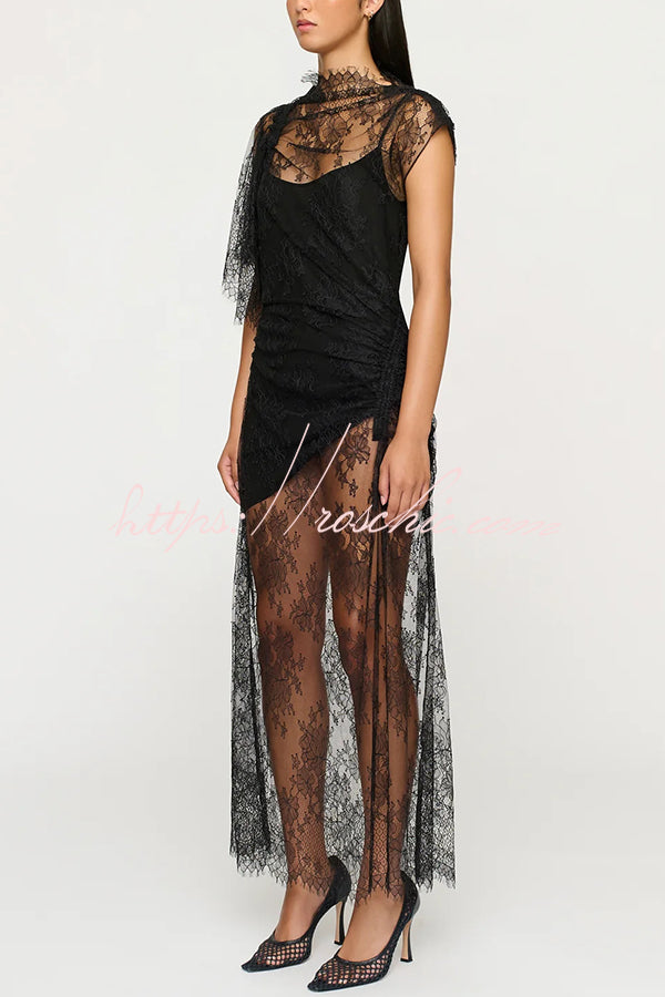 Romantic Statement Lace One Shoulder Bell Sleeve Asymmetrical Maxi Dress