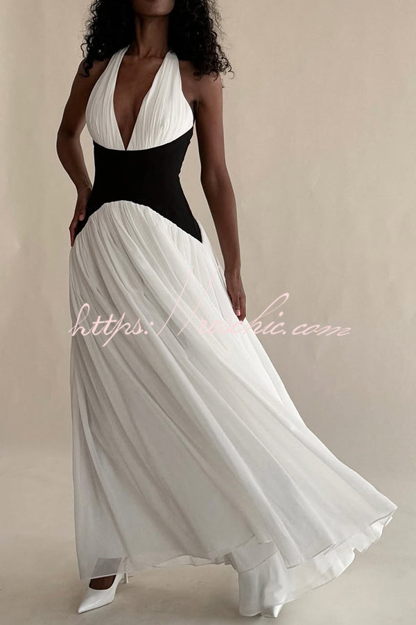 Fashionable Color Matching Sexy Halter Neck Waist Maxi Dress