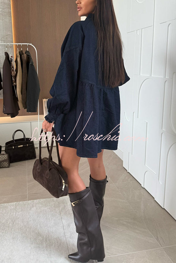 Fashion Heart Button Long Sleeve Casual Pocket Denim Mini Dress