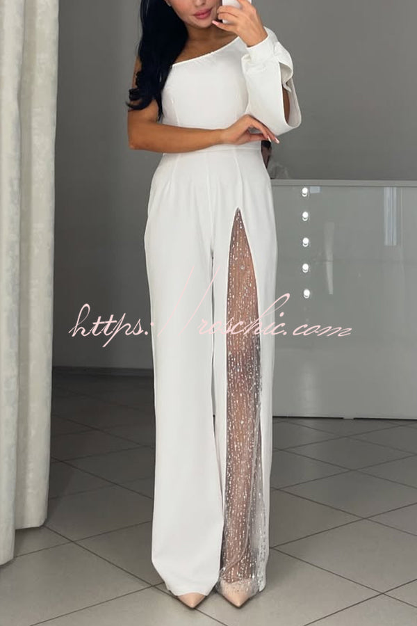 Fashionable Oblique Shoulder One-sleeve Sexy High Slit Slim Jumpsuit