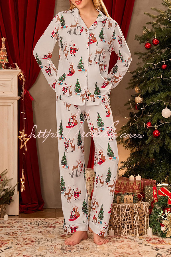 Christmas Holiday Print Long Sleeve Pocket Top and Elastic Waist Loose Pants Set