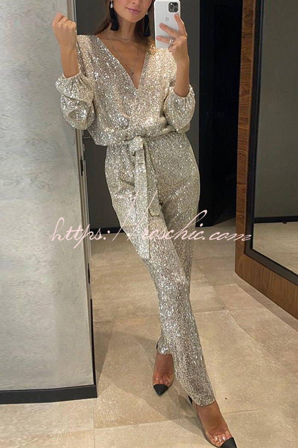 Cheers To You Sequin Long Sleeve Belted Wrap Loose Jumpsuit