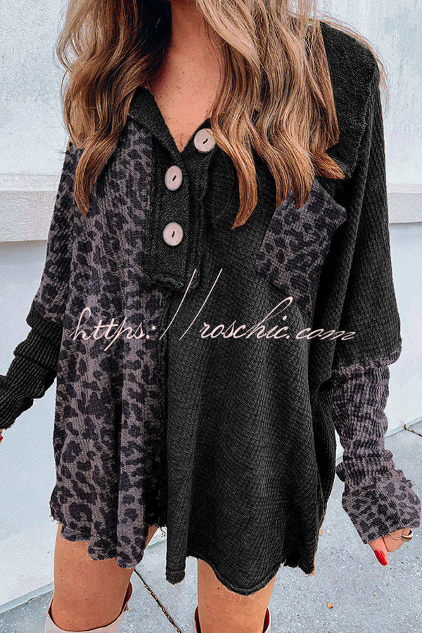 Waffle Leopard Pullover Button Pocket Shirt