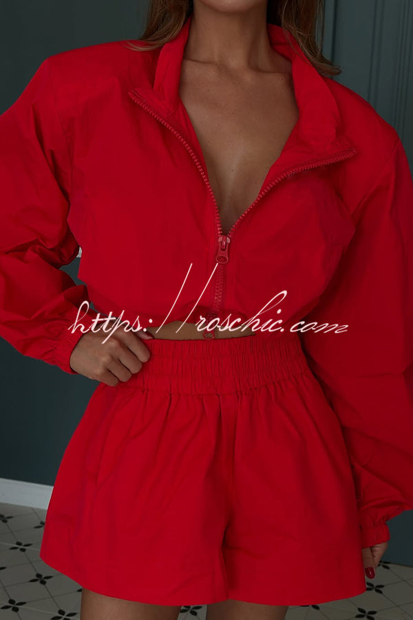 Solid Color Lapel Long-sleeved Loose Zipper Jacket and Elastic Waist Casual Shorts Set