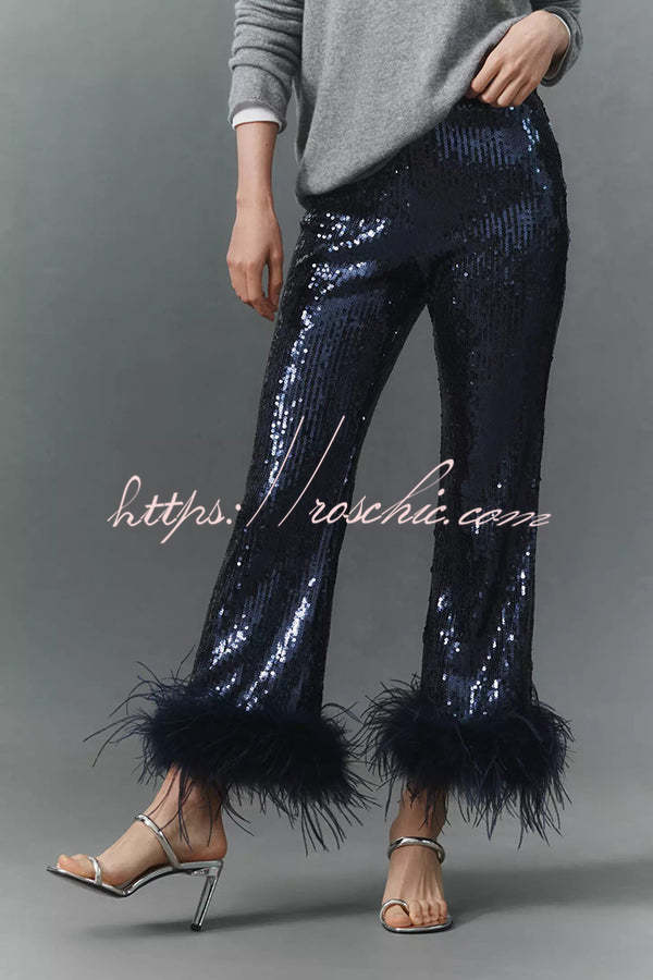 New Year Eve Sequin Feather Trim High Rise Back Zipper Flare Pants