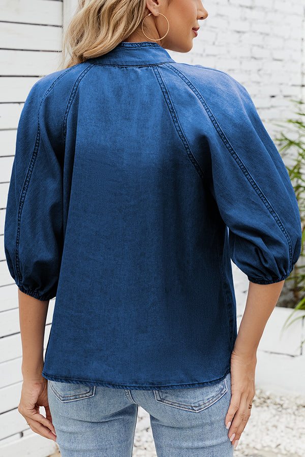 Fashion Loose Bow Lantern Sleeve Casual Denim Shirt