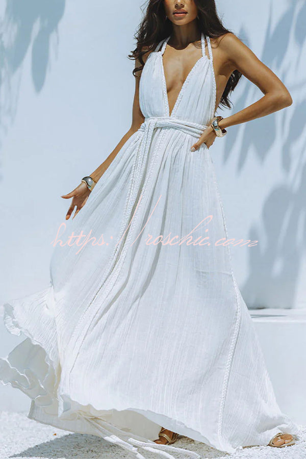 Summer Whispers Linen Blend Draped Braids Deep V-neck Halter Backless roschic Summer Whispers Linen Blend Draped Braids Deep V-neck Halter Backless roschic
