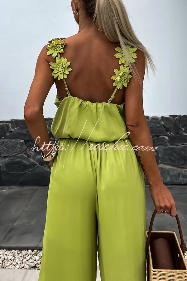 Solid Color Embroidered Flower Suspenders Casual Loose Jumpsuit