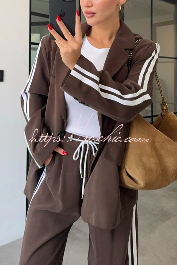 Levvie Striped Trim Long Sleeve Lapel Blazer and Rope Belt Pocketed Wide Leg Pants Set