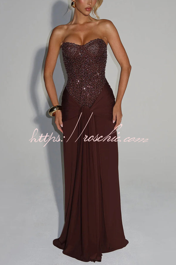 Carina Sequined and Satin Jersey Off Shoulder Ruched Knot Drape Maxi Dress