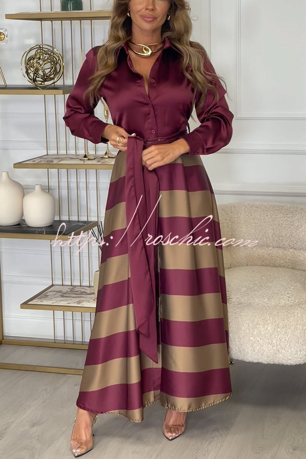 Lindsey Satin Colorblock Contrast Long Sleeve Belted Shirt Maxi Dress, Wine Red / M Lindsey Satin Colorblock Contrast Long Sleeve Belted Shirt Maxi Dress, Wine Red / M