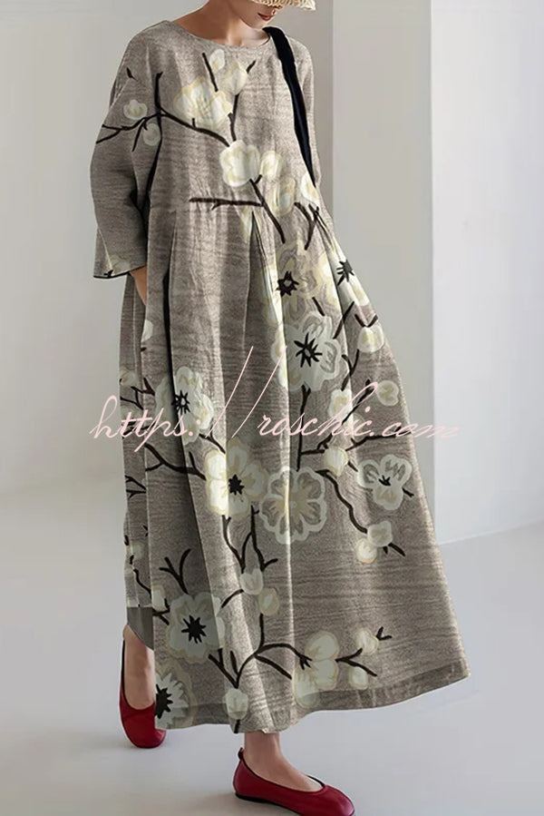 Unique Printed Round Neck Long Sleeve Loose Maxi Dress