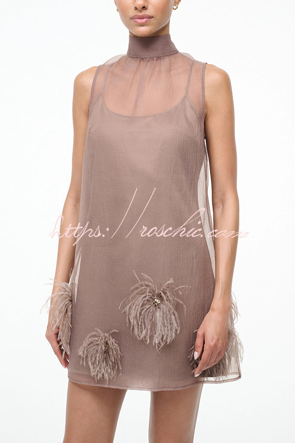 Playful Charm Sheer Chiffon Embellished Feather Back Bow H-line Mini Dress