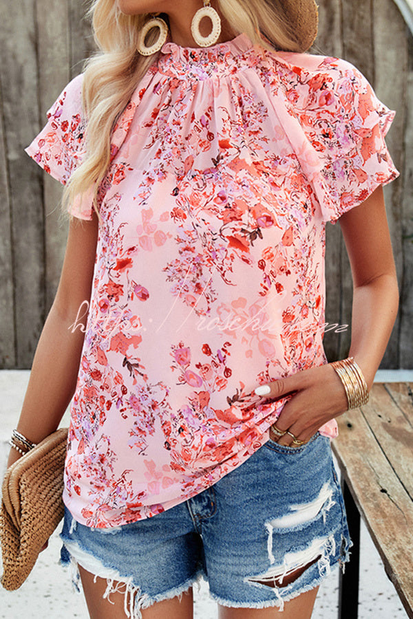 Floral Print Paneled Pleated Crew Neck Pullover Short Sleeved Top