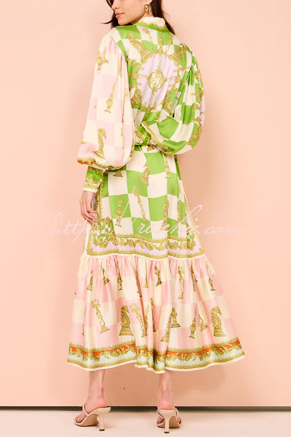 Garden Party Satin Unique Print Balloon Sleeve Belted Shirt Maxi Dress