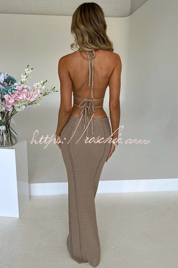 Effortlessly Cool and Sexy Knit Crochet Cutout Halter Tie-up Stretch Maxi Dress