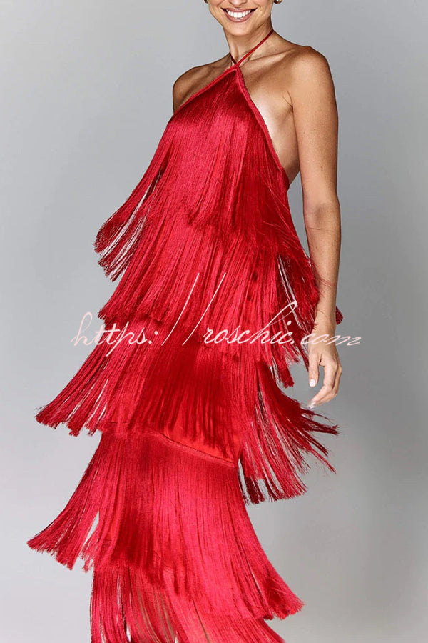 Sexy Halterneck Backless Elegant Fringe Maxi Dress