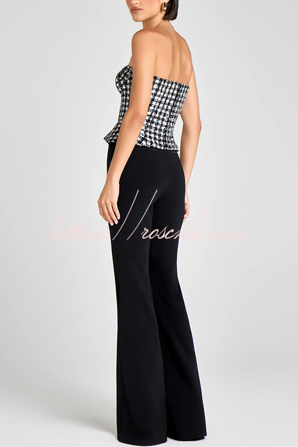 Maya Check Bouclé-tweed Fabric Sweetheart Neck Gold Button Strapless Tank