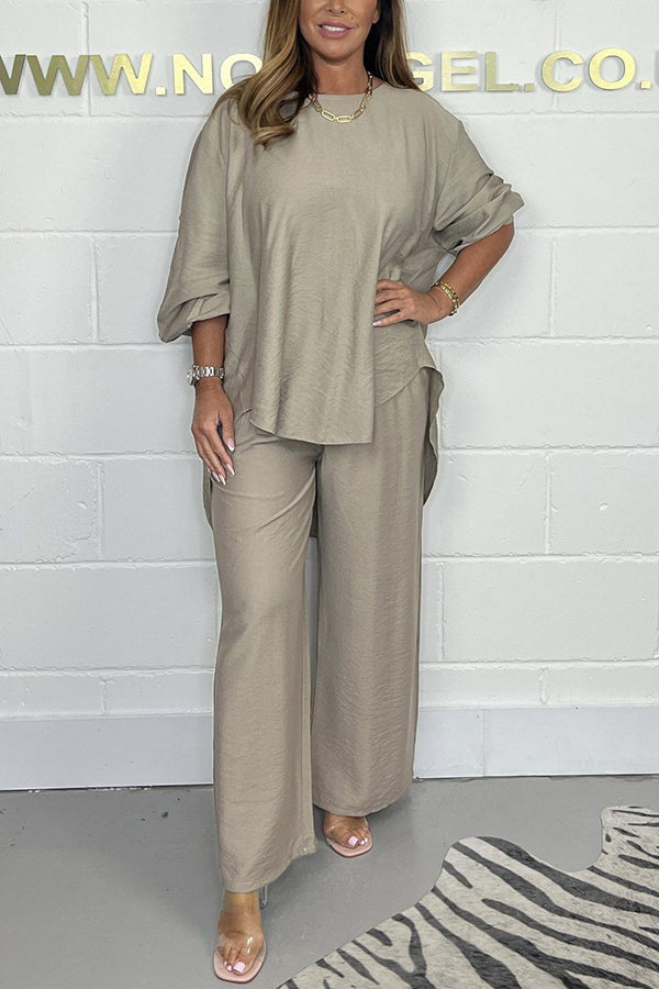 Satin Solid Color Loose Round Neck Top and Elastic Waist Casual Wide-leg Pants Set