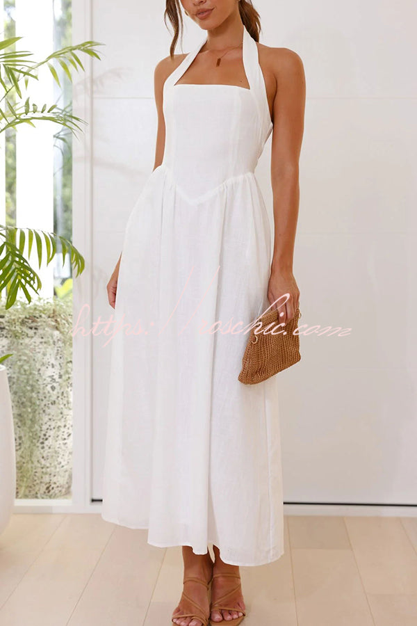 Brunch in Bali Linen Blend Halter Neck Pocketed Maxi Dress