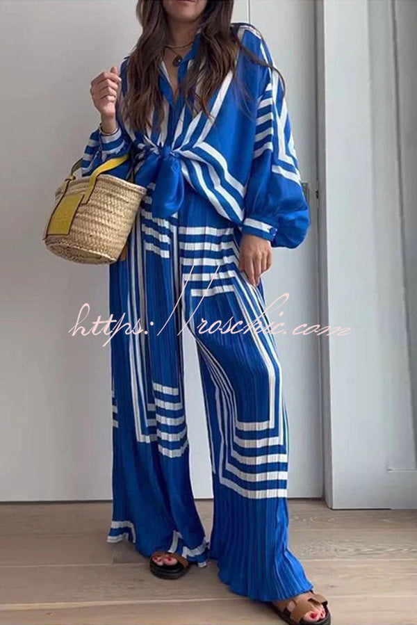 Vacation Chic Attitude Geometric Print Oversized Shirt and Elasticated Wide Leg Pants